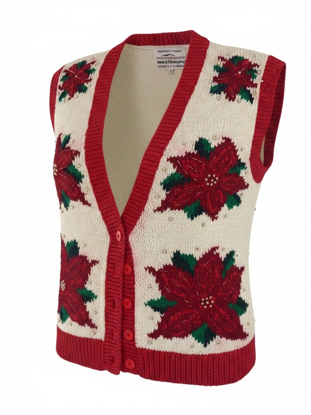 Westbound Red & Cream Poinsettia Hand Knit Vest Sweater